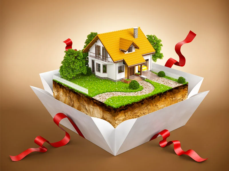 Image of house on a white and red surprise box.